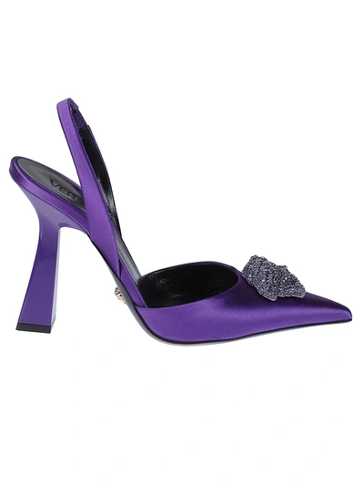 Versace 80 Crystal Embellished Medusa Slingback Pumps In Satin In Purple