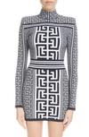 Balmain Monogram Jacquard Long Sleeve Sweater Dress In Ggd White/ Navy