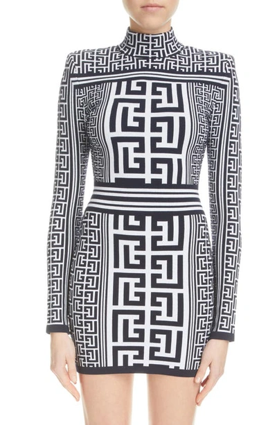Balmain Monogram Jacquard Long Sleeve Sweater Dress In Ggd White/ Navy