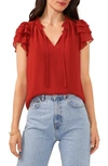 1.state Flutter Sleeve Split Neck Chiffon Blouse In Mahogany Red