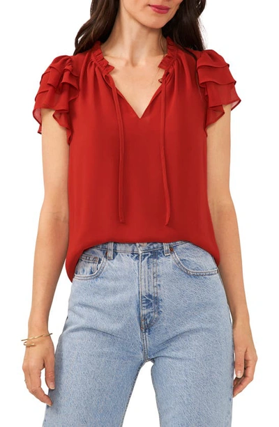 1.state Flutter Sleeve Split Neck Chiffon Blouse In Mahogany Red