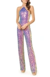 Dress The Population Darian Sequin Halter Neck Jumpsuit In Ultraviolet
