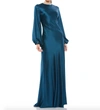 Mac Duggal Long Sleeve Satin Sheath Gown In Blue