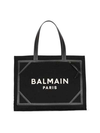 Balmain B-army Medium Logo Shopper Tote In Black/ivory/gold