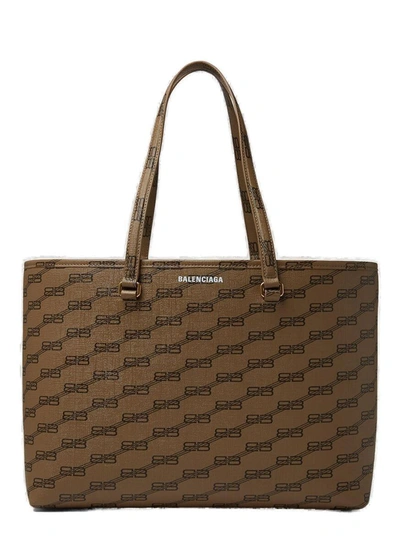 Balenciaga Signature Medium Leather Tote Bag In Beige+brown