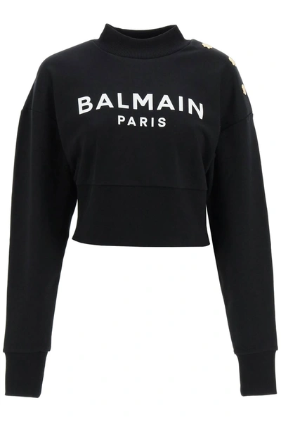 Balmain Logo Printed Cropped Sweatshirt In Black