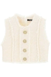 Balmain Tweed Crop Top With Embossed Buttons In Blanc Casse (white)