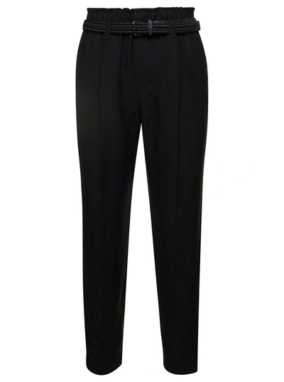 Brunello Cucinelli Black Cropped Pull-up Trousers With Belt In Rayon Blend Woman