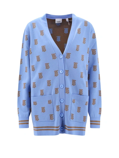 Burberry Monogram Wool Silk Blend Oversized Cardigan In Blue