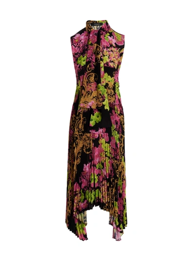 Versace Printed Plissé Crepe De Chine Midi Dress In Black Pink