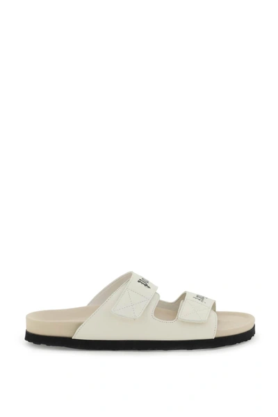 Palm Angels Logo-print Leather Flat Sandals In Off White Beige (beige)