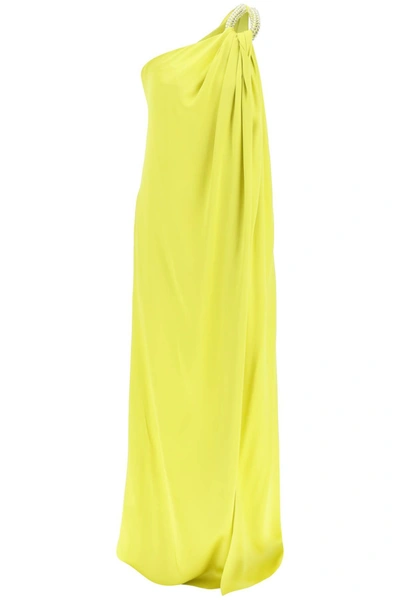 Stella Mccartney One-shoulder Embellished Draped Satin Maxi Dress In Yellow