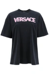 Versace Distressed T-shirt With Neon Logo In Black Fuxia (grey)