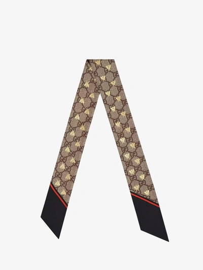 Gucci Brown Silk Gg Bee Neck Scarf In Black