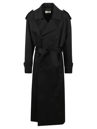 Saint Laurent Double-breasted Belted Cotton-twill Trench Coat In Black
