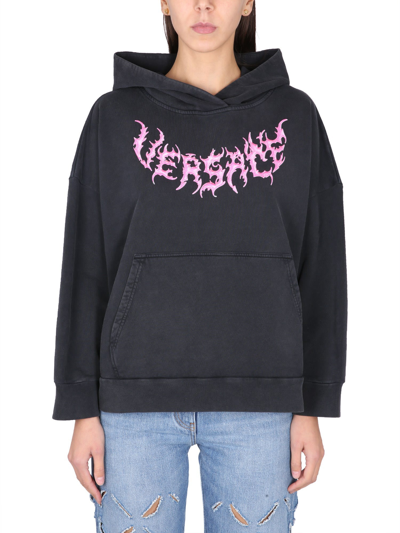 Versace Hooded Sweatshirt With Logo In Nero