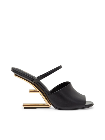 Fendi 95mm Leather Metallic-heel Slide Sandals In Black