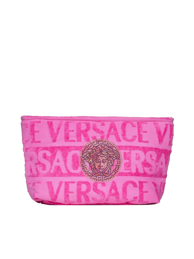 Versace Beauty Case With Flocked Logo In Fuchsia