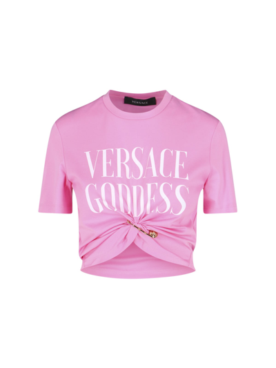 Versace Safety Pin Crop Cotton Logo Graphic Tee In Pink