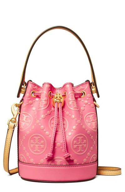 Tory Burch T Monogram Mini Leather Bucket Bag In Rose Pink/brass