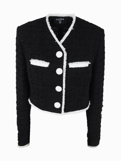 Balmain V-neck Cropped Tweed Jacket In Black