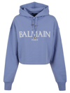 Balmain Cropped Hoodie With Rubber Roman  Logo In Shn Bleu Clair Blanc