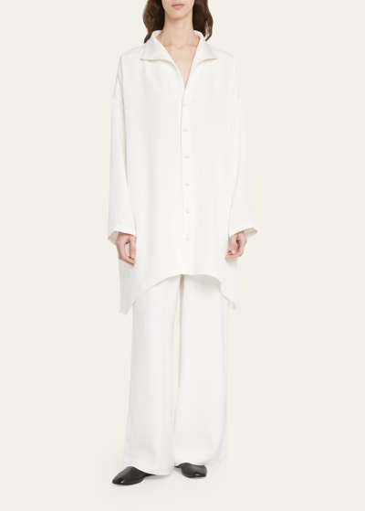 Eskandar Wide Aline Shirt With Open Standup Collar Long Plus In White