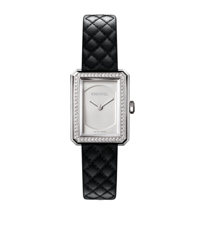 Pre-owned Chanel Small Steel And Diamond Boy·friend Watch 21.5mm In Black