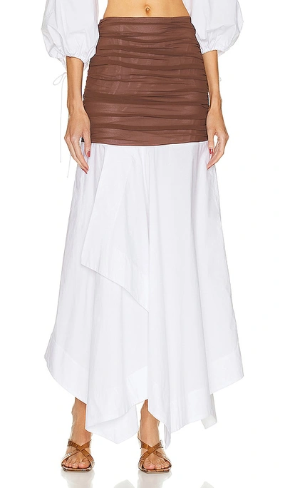 Helsa Cotton Poplin Skirt With Sheer Overlay In White & Brown
