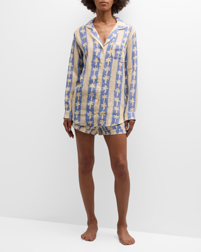 Desmond & Dempsey Palm Tree Print Signature Pyjama Set In Cream Blue