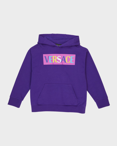 Versace Kids' Girl's Color Block Logo-print Fleece Hoodie In Purplemulticolor