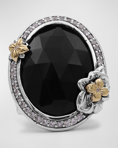 Stephen Dweck Garden Of Stephen Faceted Black Onyx Ring In Sterling Silver With 18k Gold Flowers And Diamonds