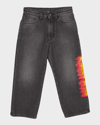 Palm Angels Boy's Flames Logo-print Medium Wash Jeans In Black Red