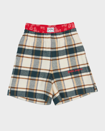Palm Angels Kids' Boy's Check-print Paisley Trim Shorts In Green Red