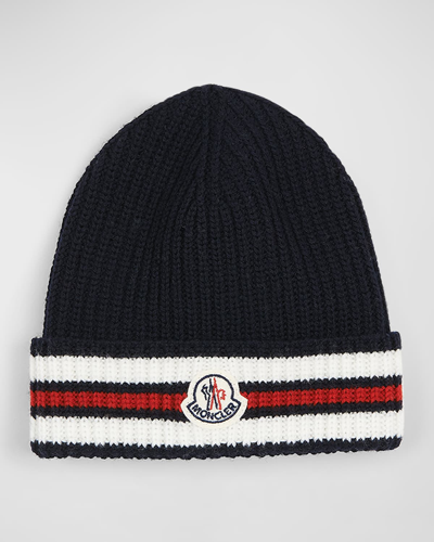 Moncler Kids' Boy's Logo Patch Knit Hat In 315-p70 Navy