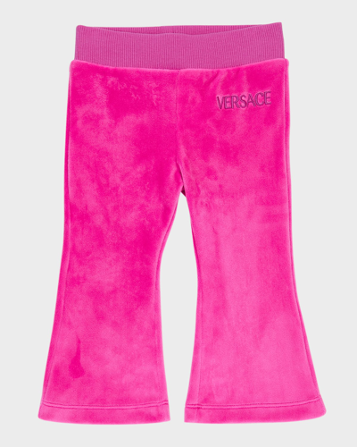 Versace Kids' Embroidered Logo Cotton Velvet Pants In Fuchsia