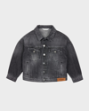 Palm Angels Boy's Flames Logo-print Medium Wash Denim Jacket In Black Red