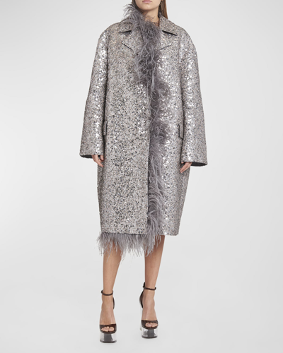 Valentino Sequin Embroidered Long Coat With Feather Trim In Silver