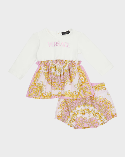 Versace Kids' Girl's Barocco-print Combo Dress In Whitepinkgold