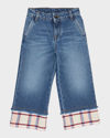 Palm Angels Girl's Check-print Trim Medium Wash Jeans In Blue