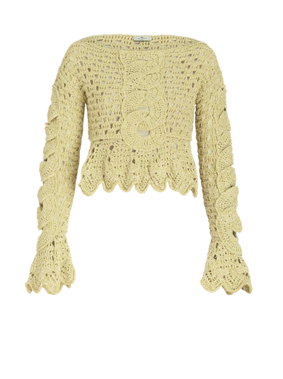 Etro Crochet Knit Bell-sleeve Crop Top In Green