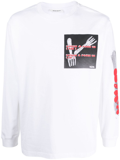Wood Wood Graphic-print Long-sleeve T-shirt In 白色