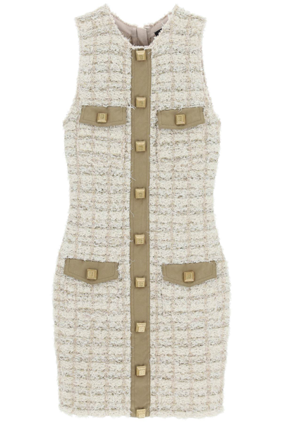Balmain Textured Tweed Short Dress With Front Pockets In Neutral