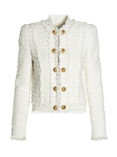 Balmain Fringed Tweed Jacket In Blanc