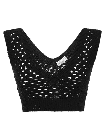 Brunello Cucinelli Dazzling Net Knitted Top In Cotton, Linen And Silk In Black