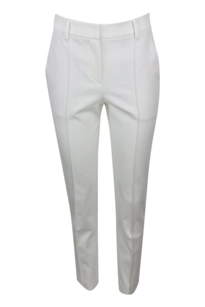 Brunello Cucinelli Stretch Cotton Drill Trousers With Jewel On The Back Loop In Cream