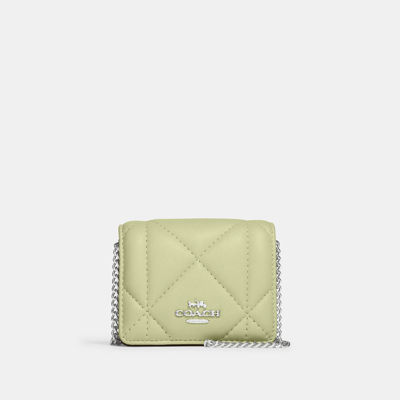 Coach Mini Wallet On A Chain With Puffy Diamond Quilting In Silver/pale Lime