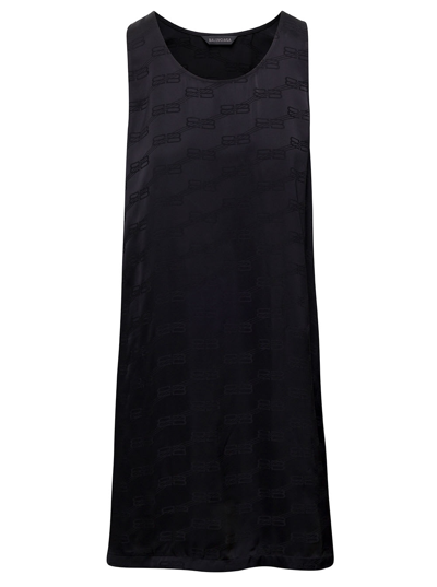 Balenciaga Black Fluid Tank Top With Bb Monogram Logo Al-over In Viscose Woman