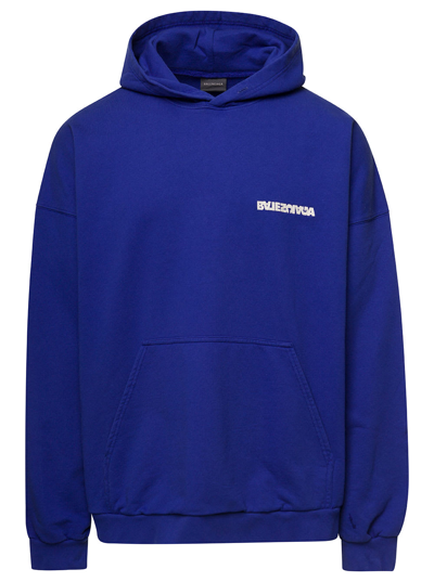 Balenciaga Blue Hoodie With Logo Embroidery In Cotton Man