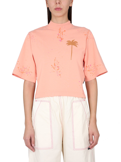 Palm Angels Pxp Palm Tree-print Cropped T-shirt In Rosso